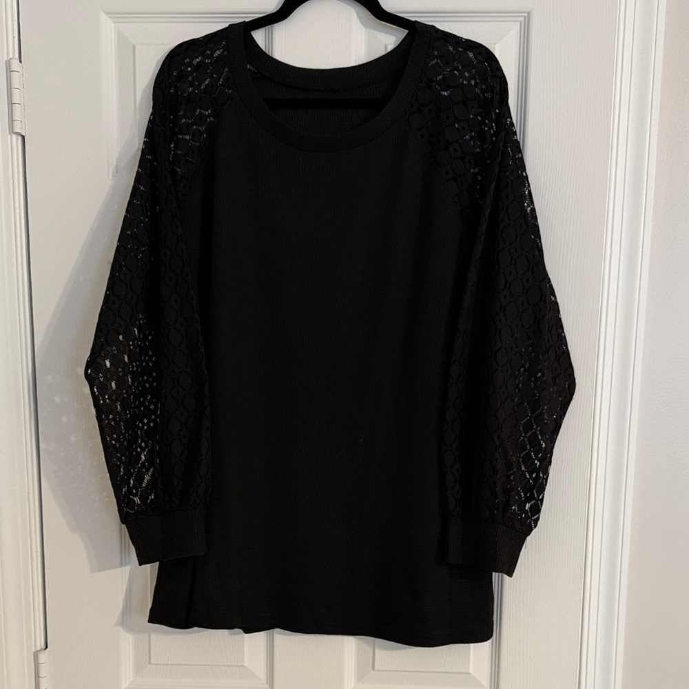 Happy Sailed Black Lace Sleeve Waffle Knit Top